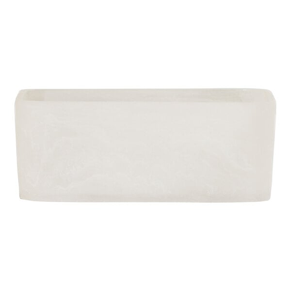A white rectangular Cal-Mil resin bowl with a cloud pattern on the bottom on a white background.