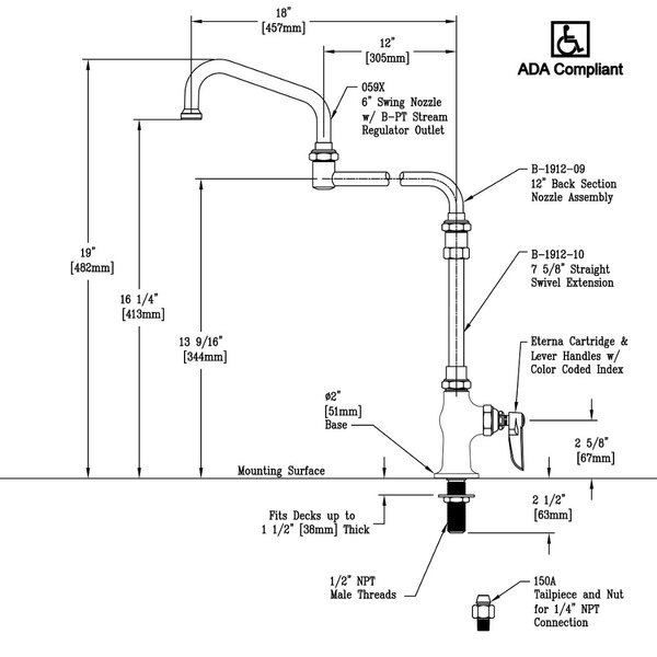A diagram of a kitchen sink with a T&S single pantry mixing faucet with double joint nozzle and swivel extension.