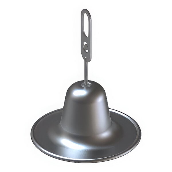 A stainless steel bell with a metal handle.