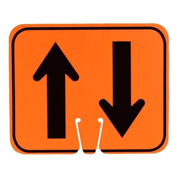 An orange rectangular traffic cone sign with a black up arrow and a black down arrow.