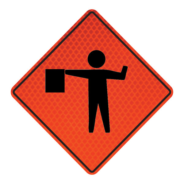 A man using a Cortina roll-up sign with a black silhouette of a person holding a flag on a red background.