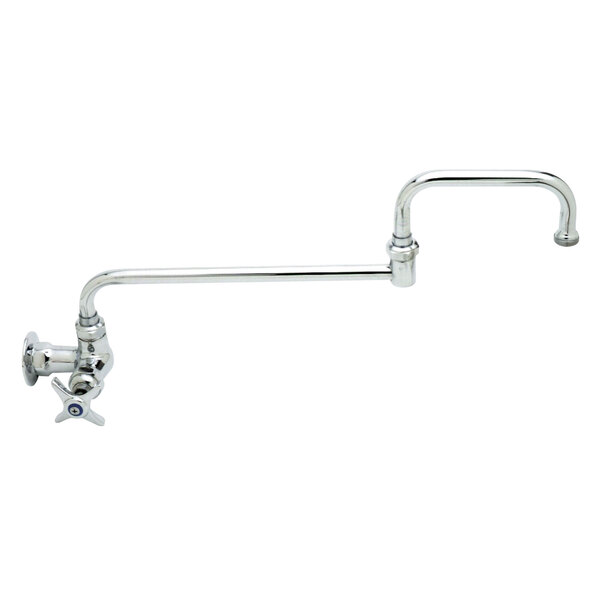 A chrome T&S wall mount faucet with a long double joint nozzle and 4 arm handle.