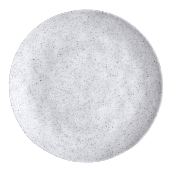 A light gray melamine plate with a subtle speckled pattern.