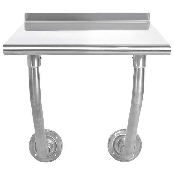 A stainless steel table with two metal legs.