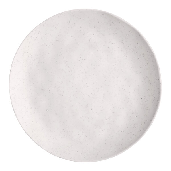 A white round melamine plate with a subtle speckled pattern.