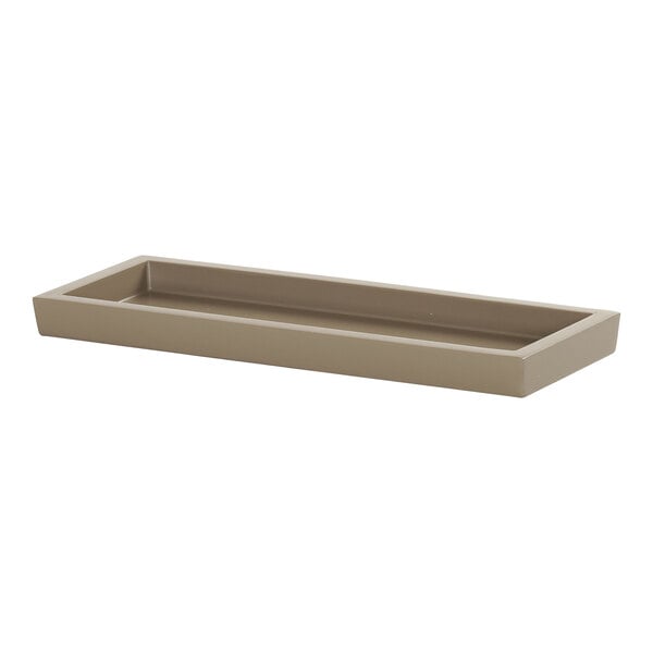 A taupe rectangular resin condiment display with a handle.