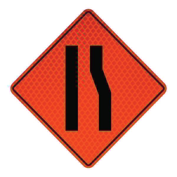 A white rectangular road sign with black and orange lines and a curved road symbol.