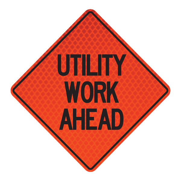 A white Cortina Quadraflex "Utility Work Ahead" construction sign with diamond-grade lettering.