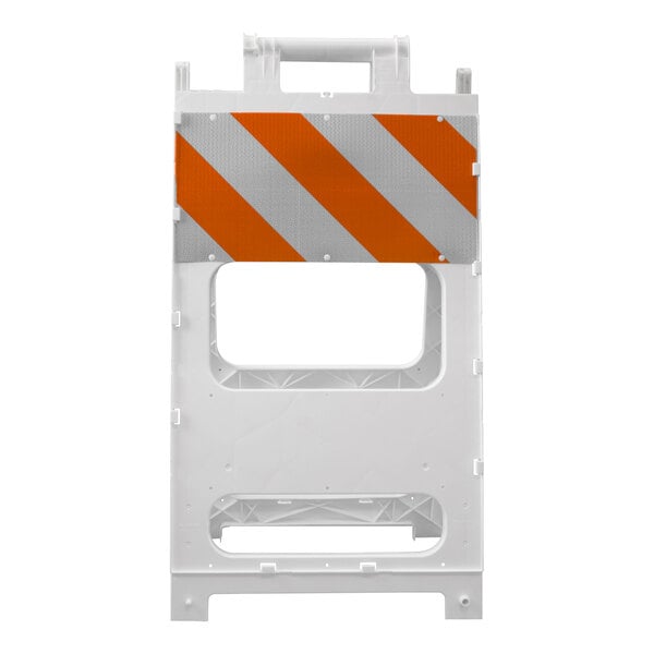 A white plastic Type I barricade with orange and white diagonal reflective stripes on the top panel.
