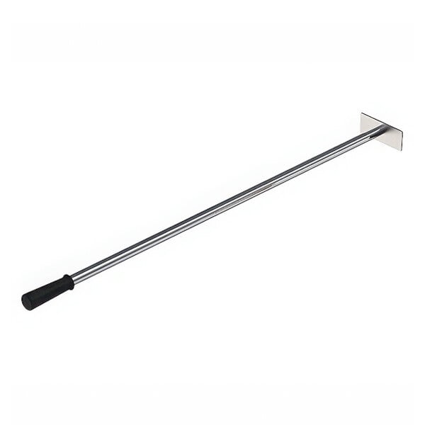 A Wood Stone stainless steel ash chute tool with a black handle.