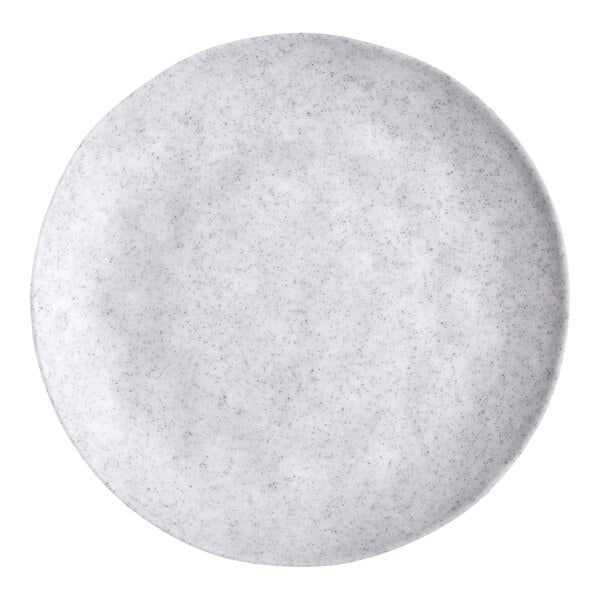 A round, light gray melamine plate with a subtle speckled pattern.