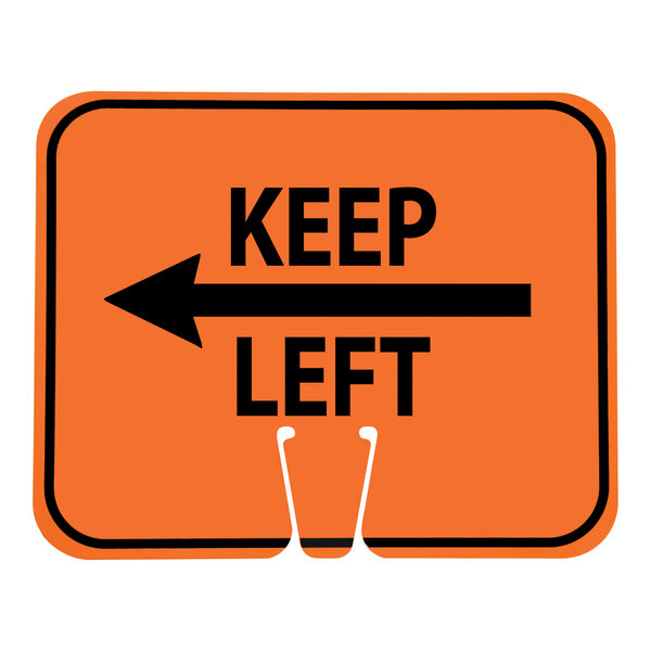 An orange and black single-sided cone sign with the words 'KEEP LEFT' and a left-pointing arrow.