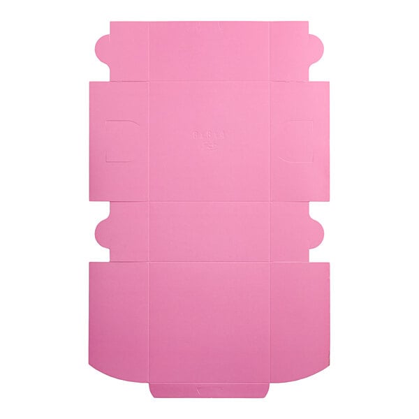 A pink square Baker's Lane cake box with white borders and writing on it.