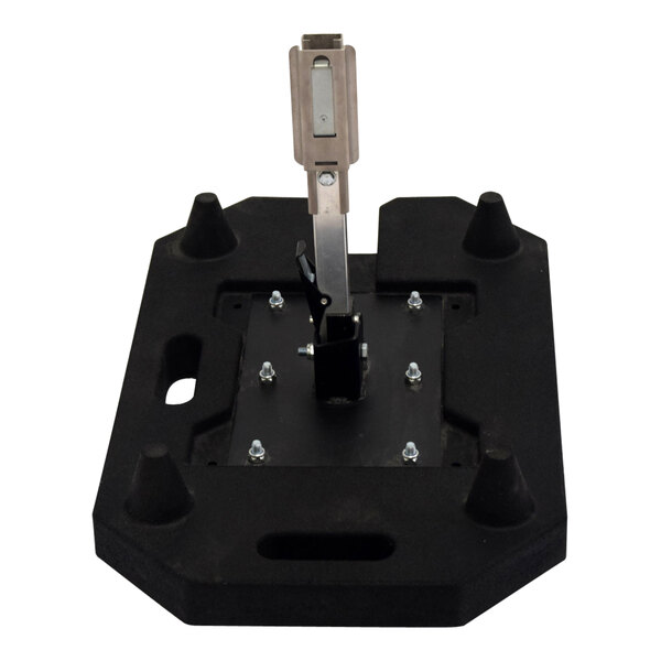 A black rubber sign stand with a metal pocket latch designed for holding roll-up signs.