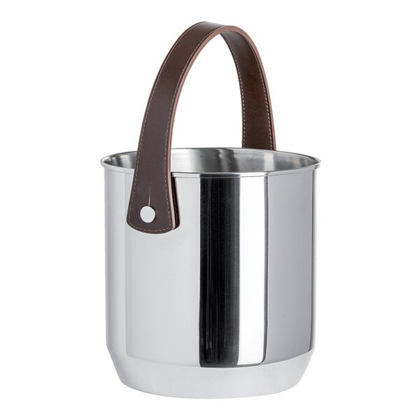 An Abert stainless steel wine bucket with a brown leather handle.