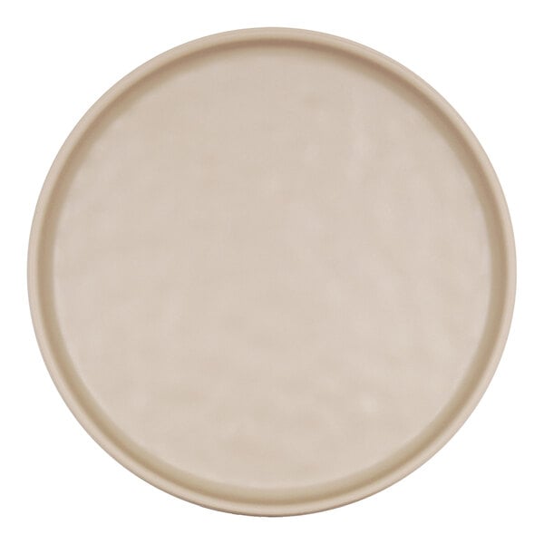 A round white melamine plate with a textured surface.