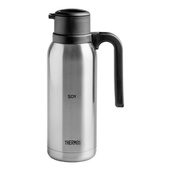 A silver and black stainless steel Thermos carafe with black accents.