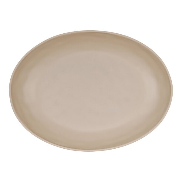 A matte taupe oval Cal-Mil melamine platter with a white background.