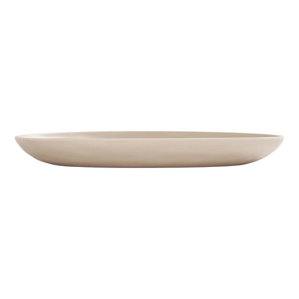 A matte taupe oval melamine platter with a black border on a white surface.