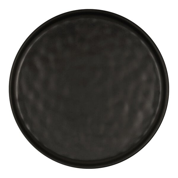 A close up of a Cal-Mil matte black melamine plate with a circular rim.
