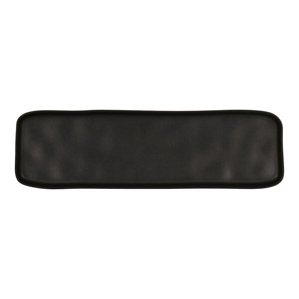 A black rectangular Cal-Mil melamine platter with a white border.