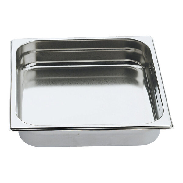 An Abert Cosmo stainless steel rectangular food pan with a lid on a silver tray.