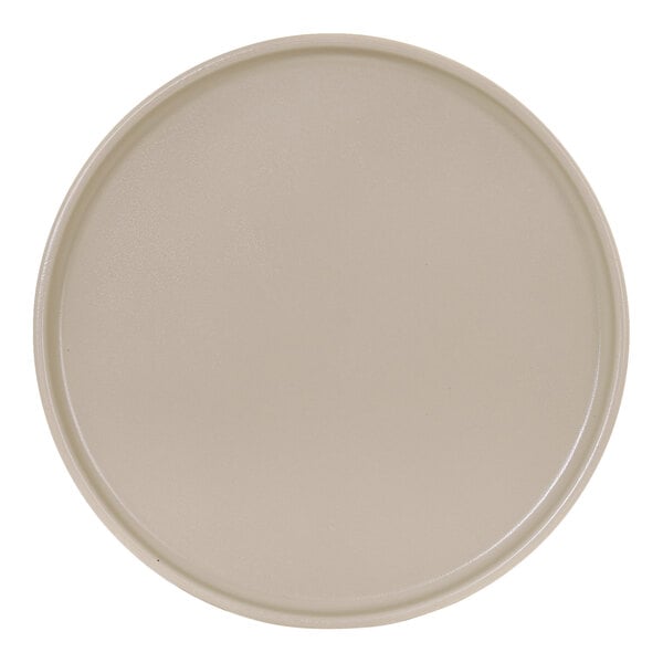 A round, taupe-colored melamine plate with a low rim.