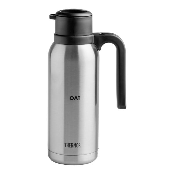 A silver stainless steel Thermos carafe with black accents.