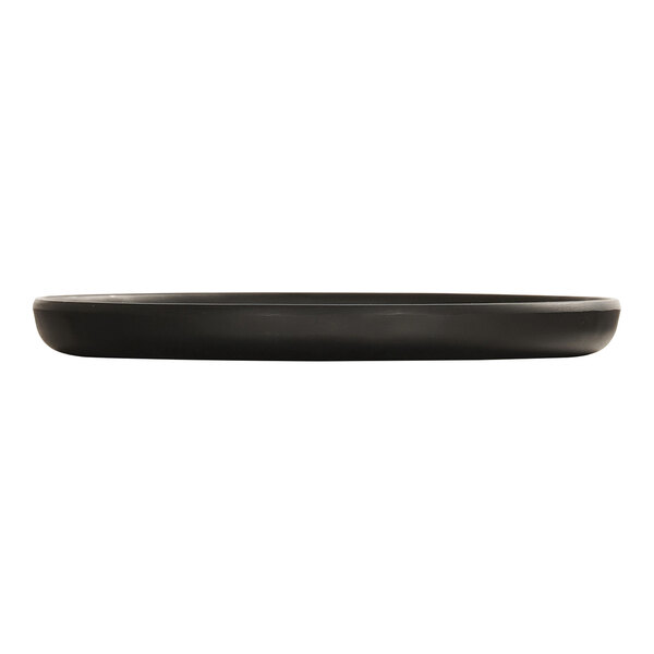 A matte black melamine plate with a white line around the rim.