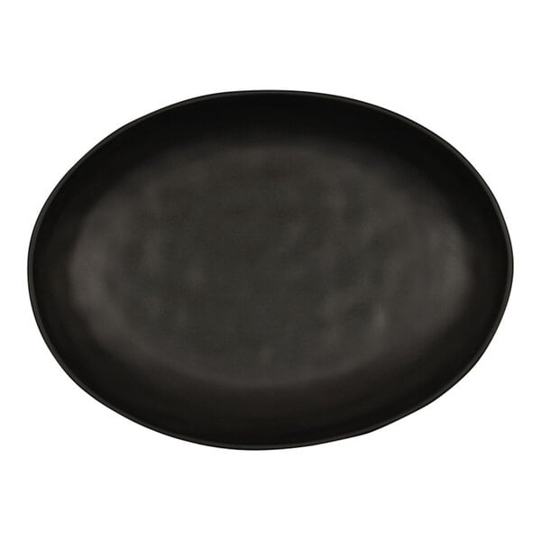 A matte black oval Cal-Mil melamine tray with a black rim.