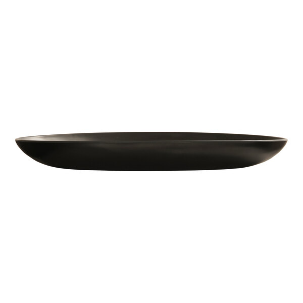A black oval Cal-Mil melamine platter with a white border.