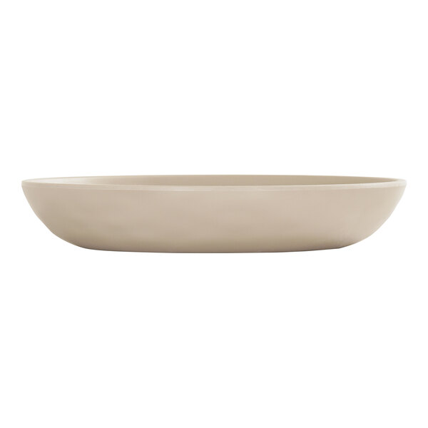 A matte taupe melamine pasta bowl with a white interior.