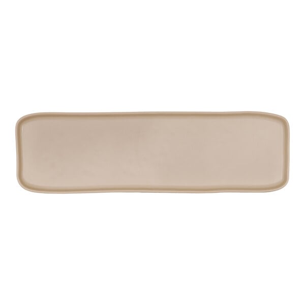 A rectangular matte taupe melamine platter with a white border.