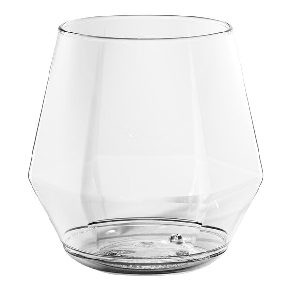 A Tossware clear plastic wine glass with a round bottom.