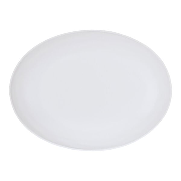A white oval melamine platter with a small rim.