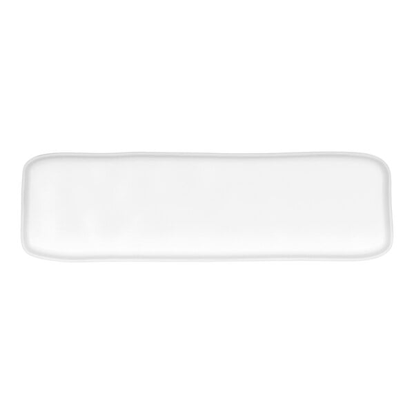 A white rectangular Cal-Mil melamine platter with a black border.