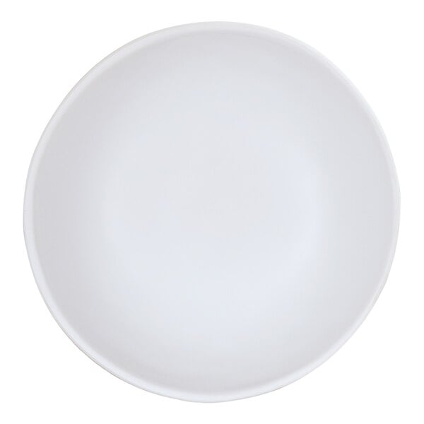 A white melamine soup bowl with a white rim.