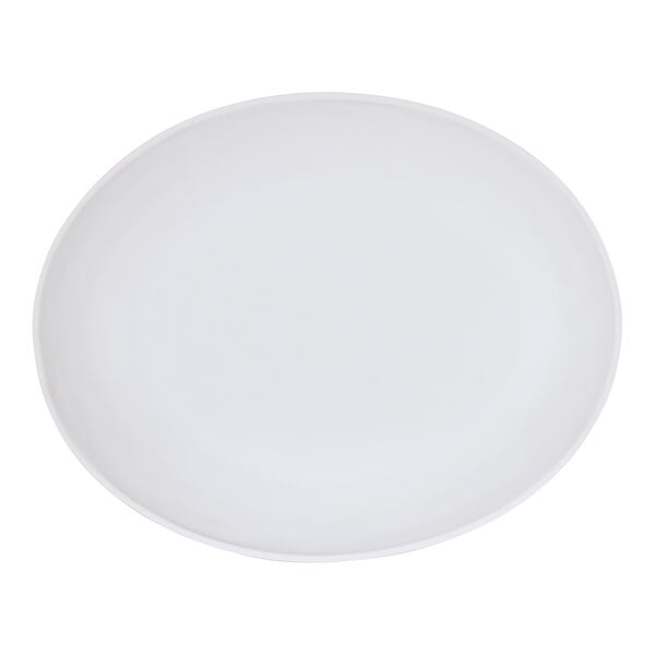 A white oval melamine platter with a white border.