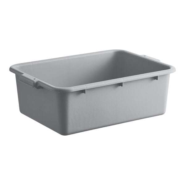 A gray polypropylene bus tub or food storage box measuring 20 inches by 15 inches by 7 inches.