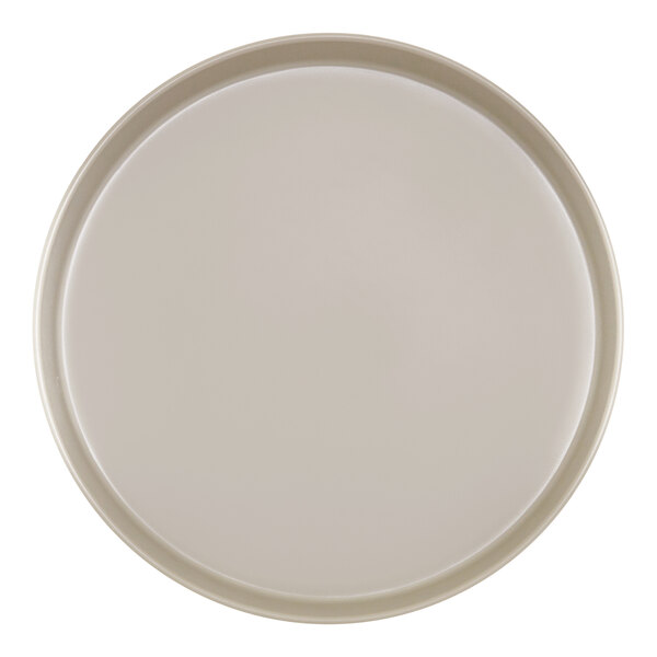 A round taupe melamine plate with a raised rim.