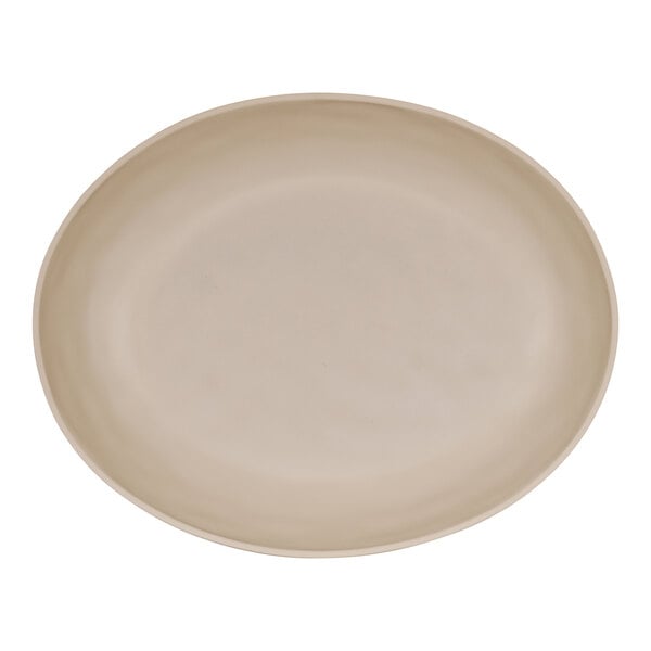 A matte taupe oval melamine platter with a white surface and round edge.