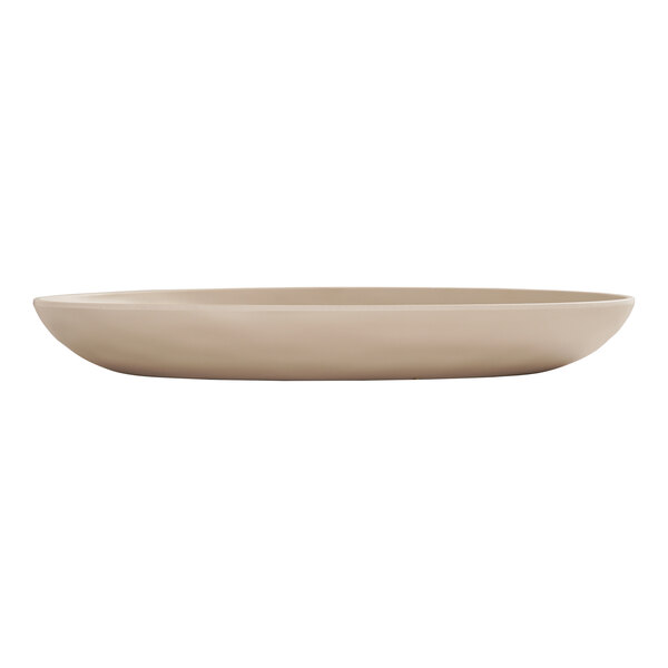 A matte taupe oval melamine platter with a beige rim.