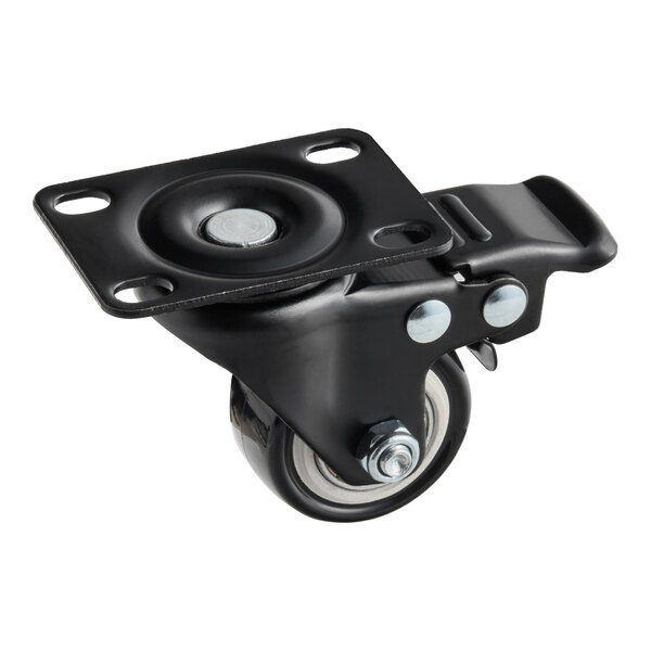 A black metal caster wheel with a mounting plate and brake, designed for use with Avantco 177LT93 dehydrators.