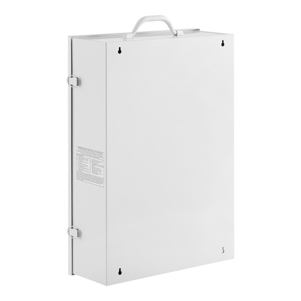 A white metal box with a handle.