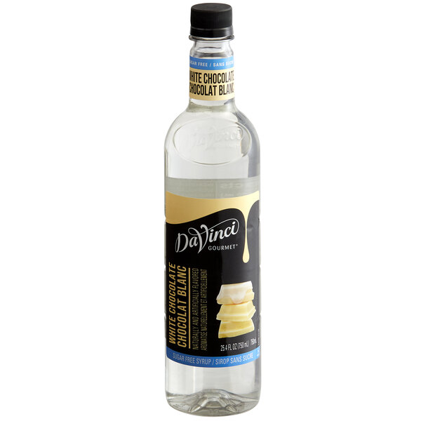 A bottle of DaVinci Gourmet Sugar-Free White Chocolate flavoring syrup with a label.