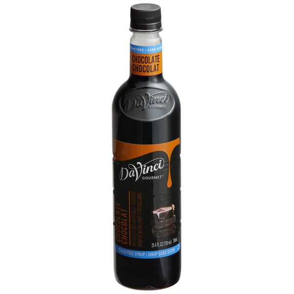 A bottle of DaVinci Gourmet Sugar-Free Chocolate Flavoring Syrup with a white label.
