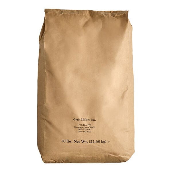 A brown bag of Grain Millers Whole Grain Oat Flour with black text.
