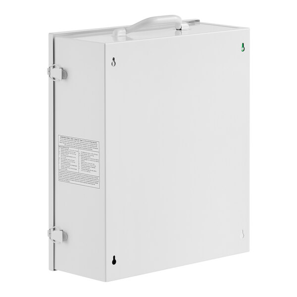 A white box with a green handle and keyhole containing a Medique 3-Shelf First Aid Kit.