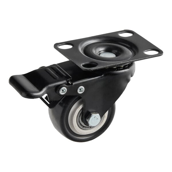 A black swivel caster wheel with a mounting plate and brake, designed for use with the Avantco 177LT105 dehydrator.