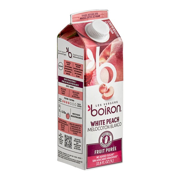 A box of Les Vergers Boiron White Peach Real Fruit Puree with a label.